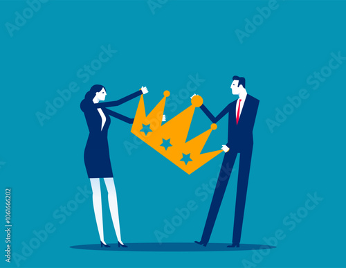 Staff conflict or employee argument, fighting for job promotion or jealousy colleague concept, angry coworker fighting by pulling golden crown metaphor of job promotion position.