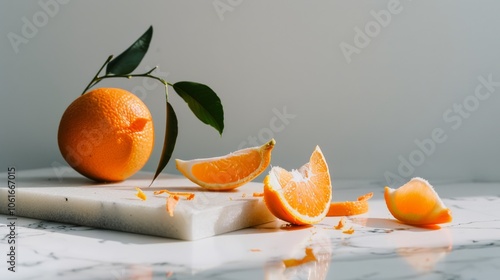 A vibrant orange, surrounded by slices on a sunlit marble table, exemplifies a fresh and inviting breakfast scene. photo