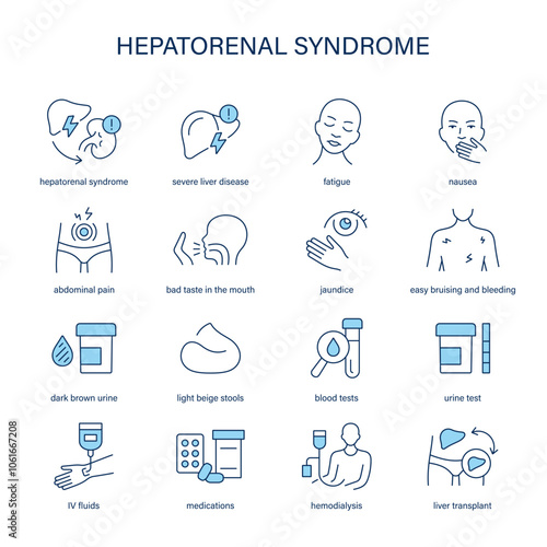 Hepatorenal Syndrome symptoms, diagnostic and treatment vector icon set. Medical icons.