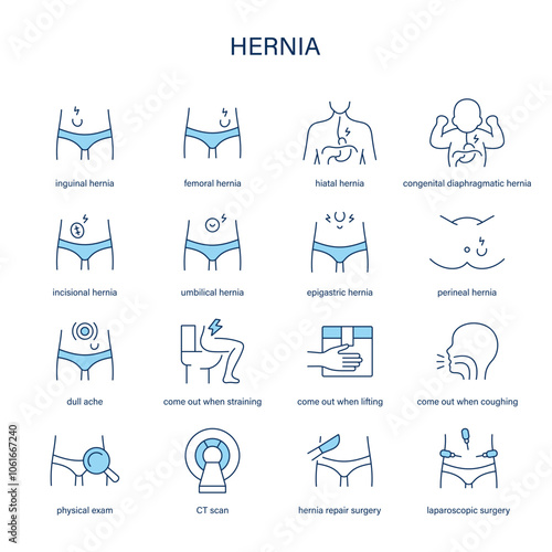 Hernia symptoms, diagnostic and treatment vector icon set. Medical icons.