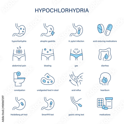 Hypochlorhydria symptoms, diagnostic and treatment vector icon set. Medical icons.
