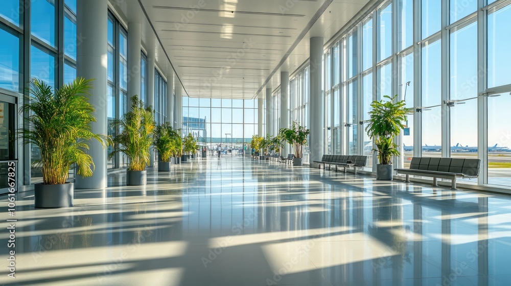 Empty, Well-Lit Airport Terminal with Large Windows and Polished Floors, Capturing the Modern Architecture and Minimalist Design, Highlighting Peaceful Travel and Transportation Spaces Empty, Well-Lit Airport Terminal with Large Windows and Polished Floors, Capturing the Modern Architecture and Minimalist Design, Highlighting Peaceful Travel and Transportation Spaces