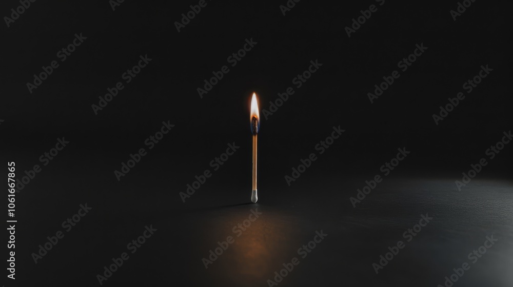 A solitary lit match against a stark black background, representing illumination, solitude, and the delicate dance of fire and shadow. A solitary lit match against a stark black background, representing illumination, solitude, and the delicate dance of fire and shadow.