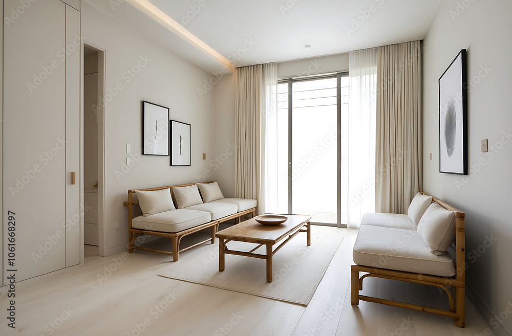 japandi interior style, japandi interior design banner showcases minimalist room with bamboo furniture, neutral colors for simplicity and functionality japandi interior style, japandi interior design banner showcases minimalist room with bamboo furniture, neutral colors for simplicity and functionality