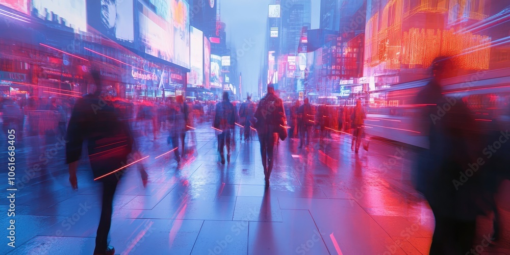 A blurred city scene showcases neon lines interconnecting people and devices, illustrating the critical role of digital communication in todays world. A blurred city scene showcases neon lines interconnecting people and devices, illustrating the critical role of digital communication in todays world.