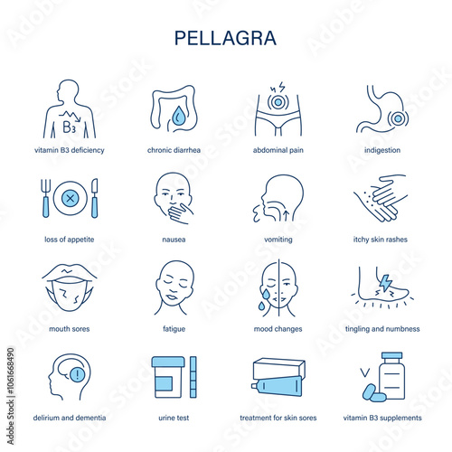 Pellagra symptoms, diagnostic and treatment vector icons. Medical icons.