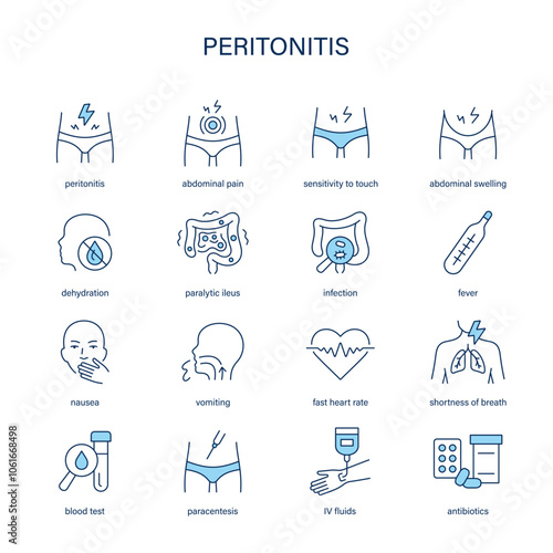 Peritonitis symptoms, diagnostic and treatment vector icons. Medical icons.