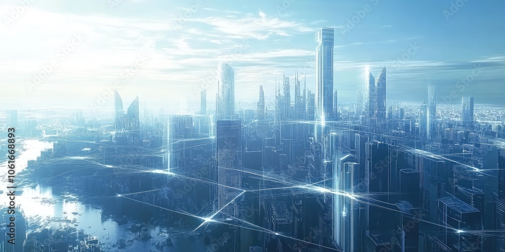 A futuristic cityscape depicts lines linking various smart devices and buildings, representing the vision of a fully connected smart city. A futuristic cityscape depicts lines linking various smart devices and buildings, representing the vision of a fully connected smart city.