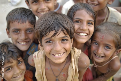 Group of happy children at the Holi festival in India, Asia