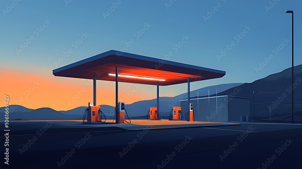 A lonely gas station at dusk with mountains in the background. A lonely gas station at dusk with mountains in the background.