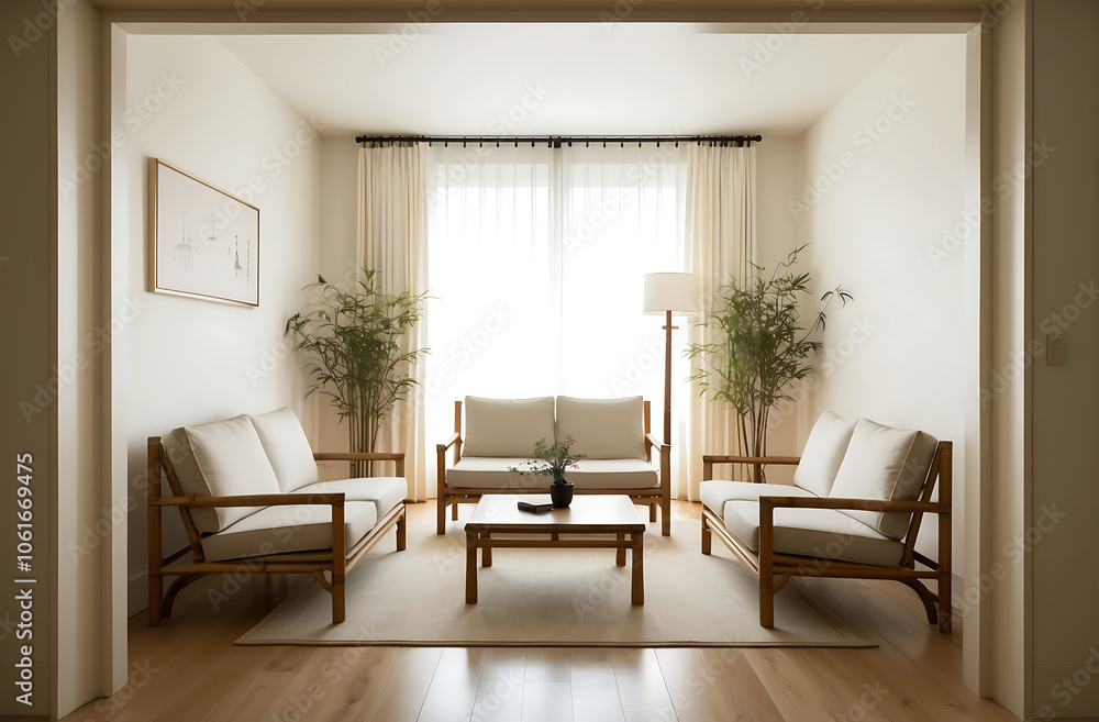 Fototapeta premium japandi interior style, japandi interior design banner showcases minimalist room with bamboo furniture, neutral colors for simplicity and functionality