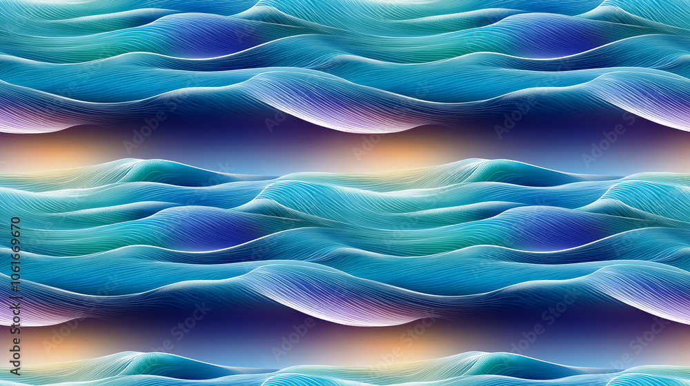 Fototapeta premium The image is a blue and white wave with a blue ocean background. The waves are very large and the ocean is very deep. The image has a calming and peaceful mood, as it depicts the beauty of the ocean