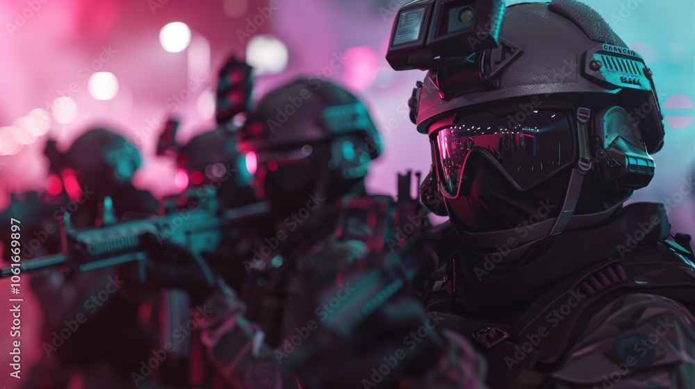 Armed forces geared up in futuristic attire under moody neon lights, portraying a scene of modern warfare and high-stakes tension. Armed forces geared up in futuristic attire under moody neon lights, portraying a scene of modern warfare and high-stakes tension.