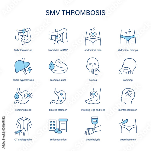 SMV Thrombosis symptoms, diagnostic and treatment vector icons. Medical icons.