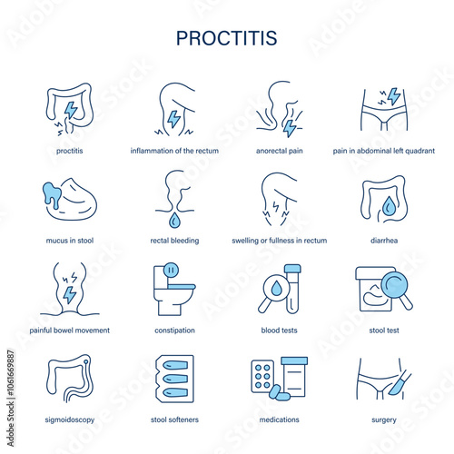 Proctitis symptoms, diagnostic and treatment vector icons. Medical icons.