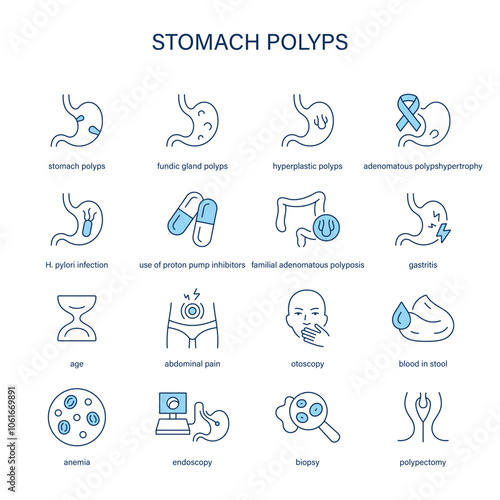Stomach Polyps symptoms, diagnostic and treatment vector icons. Medical icons.