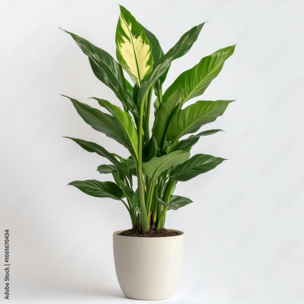 A potted peace lily plant with lush green leaves.
A potted peace lily plant with lush green leaves.