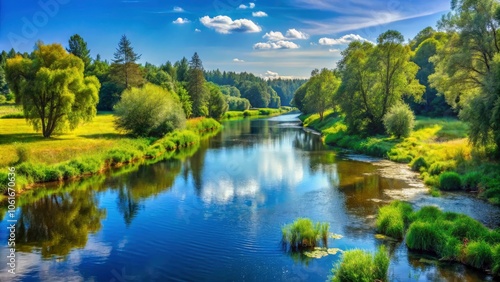 The Bug River meanders through Sobibor Landscape Park, revealing Poland's captivating beauty. Explore this tranquil region, where stunning nature and peaceful waters create a breathtaking scene. photo