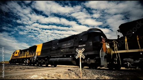 Vintage railroad engine crossing New Mexico desert wilderness. Logistics transportation across America.