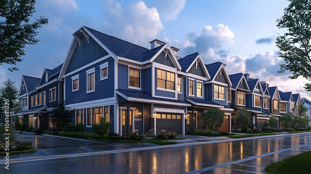 A row of modern townhouses with gray roof tiles and white walls against the blue sky, with sunrays shining through them The buildings have large windows A row of modern townhouses with gray roof tiles and white walls against the blue sky, with sunrays shining through them The buildings have large windows