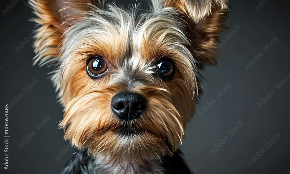 A close-up portrait of a Yorkshire Terrier with expressive eyes and fluffy fur. A close-up portrait of a Yorkshire Terrier with expressive eyes and fluffy fur.