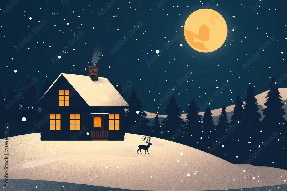 A house surrounded by snow with a deer standing in front, compact and straightforward description A house surrounded by snow with a deer standing in front, compact and straightforward description