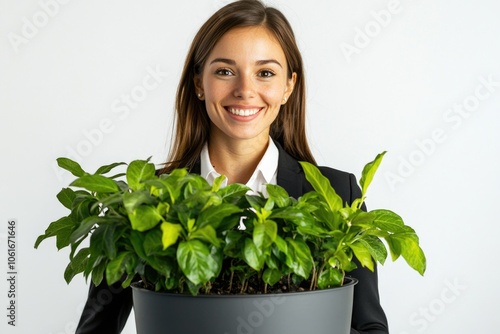 A woman holds a pot with a thriving plant, suggesting a nurturing and caring atmosphere photo