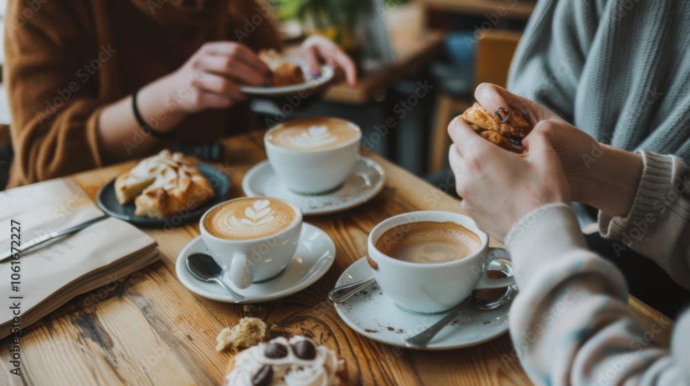 A cozy gathering with friends enjoying coffee and pastries around a wooden table in a café. A cozy gathering with friends enjoying coffee and pastries around a wooden table in a café.