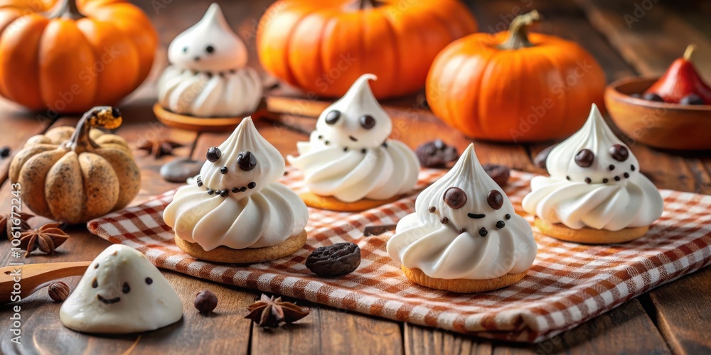 Whimsical Halloween Ghost Cookies Decorated with Chocolate Chips on a Checkered Napkin Beside Miniature Pumpkins Whimsical Halloween Ghost Cookies Decorated with Chocolate Chips on a Checkered Napkin Beside Miniature Pumpkins