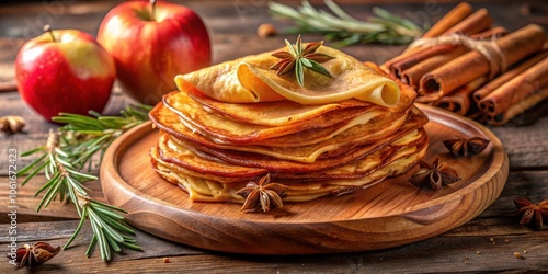 A stack of golden brown pancakes, topped with a star anise, and surrounded by cinnamon sticks and apples on a wooden table. photo