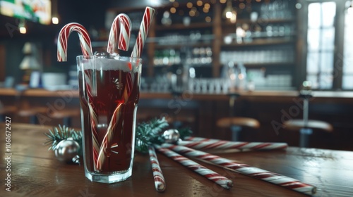 A tall glass filled with a dark beverage topped with fluffy foam, garnished with candy canes amidst a festive bar setting. photo