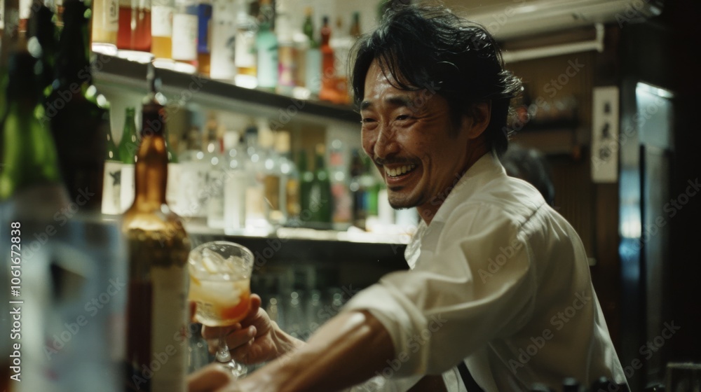 A bartender joyfully serves a drink, smiling widely in a warmly lit bar, capturing the vibrant energy and camaraderie of nightlife. A bartender joyfully serves a drink, smiling widely in a warmly lit bar, capturing the vibrant energy and camaraderie of nightlife.