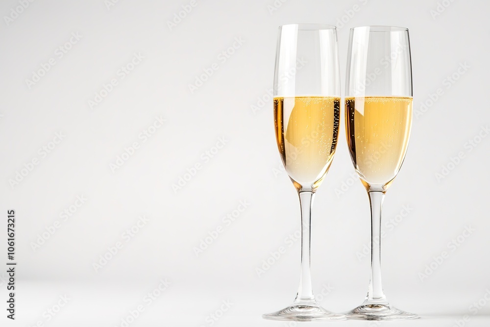 Two champagne glasses with golden bubbles on white Two champagne glasses with golden bubbles on white