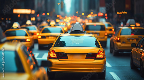 Bustling taxi cab yellow, urban car street city row, busy line many queue transport, modern downtown urban, public cityscape service