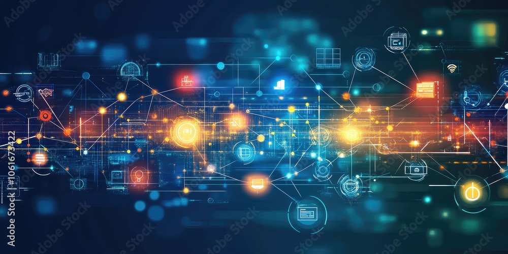 An abstract background features bright lines and nodes linking business icons and data points, highlighting the essence of online communication. An abstract background features bright lines and nodes linking business icons and data points, highlighting the essence of online communication.