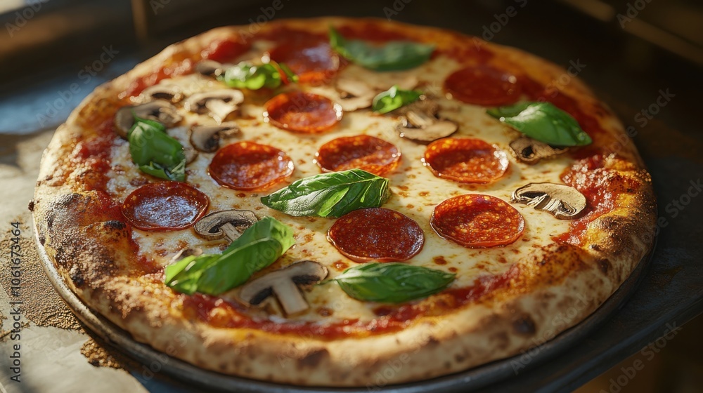Artisanal pizza with pepperoni, mushrooms, and basil, fresh out of the oven Artisanal pizza with pepperoni, mushrooms, and basil, fresh out of the oven
