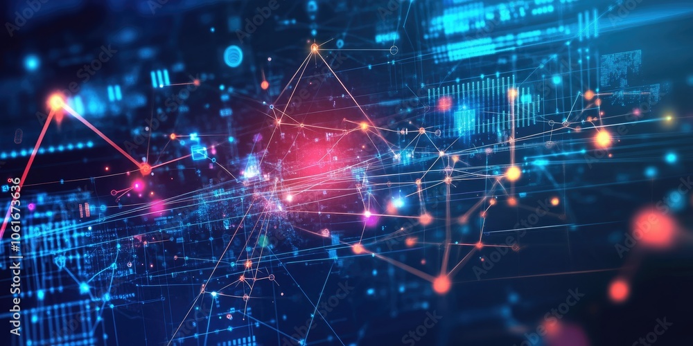 An abstract background features bright lines and nodes linking business icons and data points, highlighting the essence of online communication. An abstract background features bright lines and nodes linking business icons and data points, highlighting the essence of online communication.