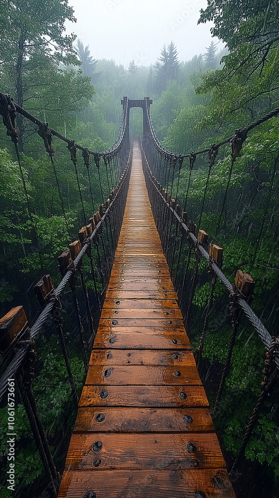 Obraz premium Suspension bridge in the forest, rainy day, green trees, misty rain and foggy weather.