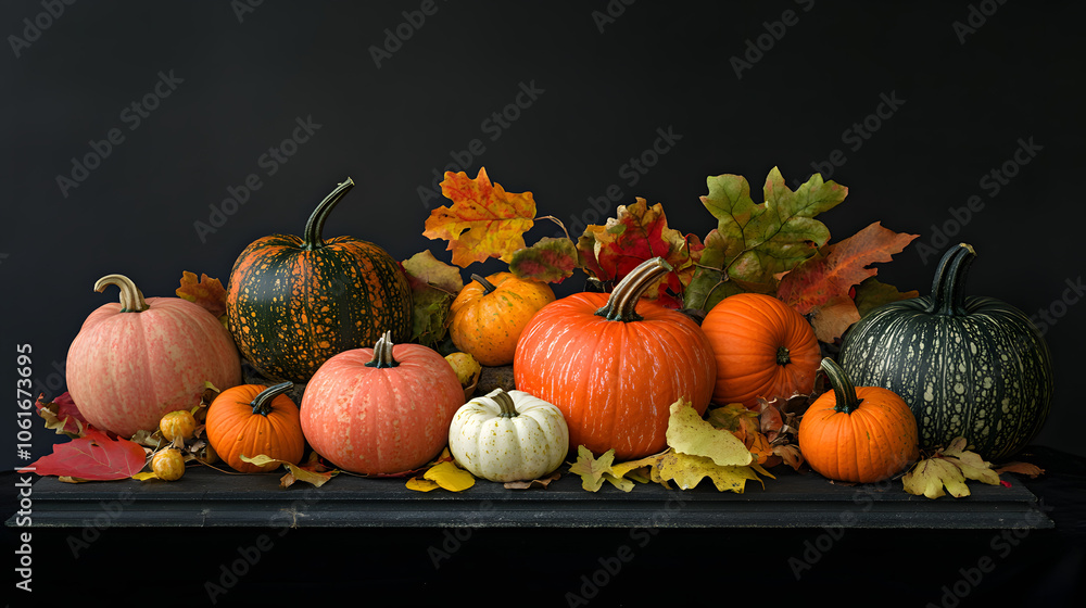 An arrangement of pumpkins with autumn leaves. An arrangement of pumpkins with autumn leaves.