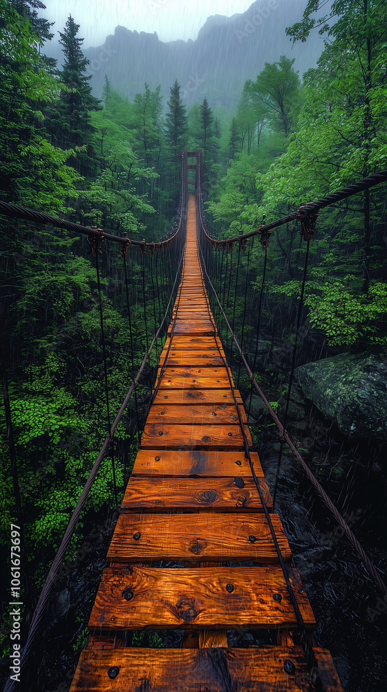 Fototapeta premium Suspension bridge in the forest, rainy day, green trees, misty rain and foggy weather.