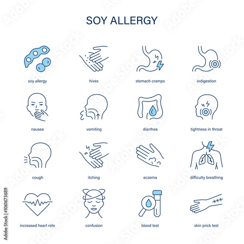Soy Allergy symptoms, diagnostic and treatment vector icons. Medical icons.
