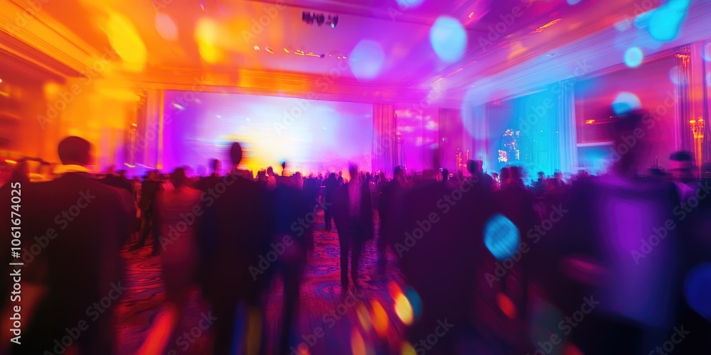 A corporate convention filled with attendees, captured in a defocused image where abstract lighting highlights the vibrant atmosphere. A corporate convention filled with attendees, captured in a defocused image where abstract lighting highlights the vibrant atmosphere.