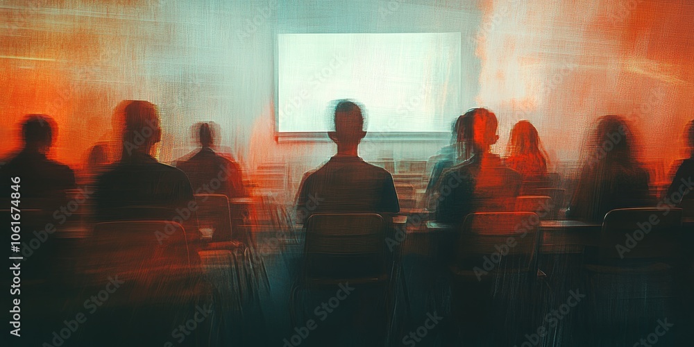 A classroom seminar scene, with students and a lecturer, depicted in an abstract image where soft lighting blurs the figures. A classroom seminar scene, with students and a lecturer, depicted in an abstract image where soft lighting blurs the figures.