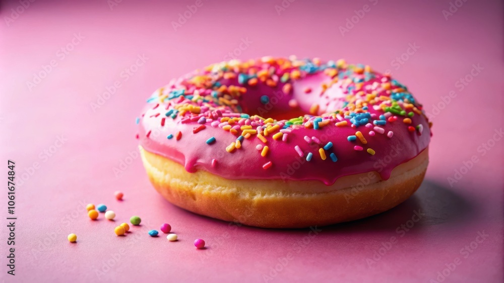 A single pink glazed donut with colorful sprinkles sitting on a pink background. The donut is slightly tilted to the right, with a few sprinkles scattered nearby. A single pink glazed donut with colorful sprinkles sitting on a pink background. The donut is slightly tilted to the right, with a few sprinkles scattered nearby.
