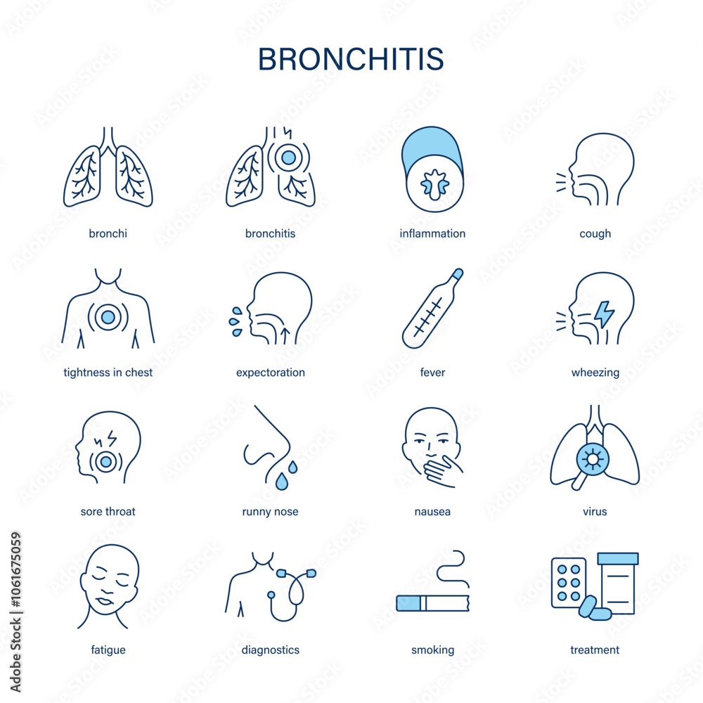Bronchitis symptoms, diagnostic and treatment vector icon set. Medical icons. Bronchitis symptoms, diagnostic and treatment vector icon set. Medical icons.