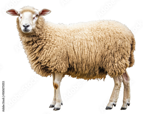 Fluffy sheep standing on white background, showcasing its woolly coat and calm demeanor. This animal represents rural life and farming