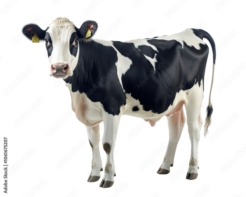 black and white dairy cow standing on plain background, showcasing its distinctive markings and features. This captures essence of farm life and livestock black and white dairy cow standing on plain background, showcasing its distinctive markings and features. This captures essence of farm life and livestock