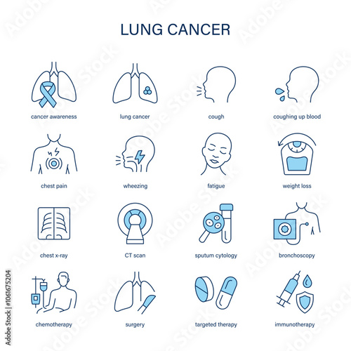 Lung Cancer symptoms, diagnostic and treatment vector icon set. Medical icons.