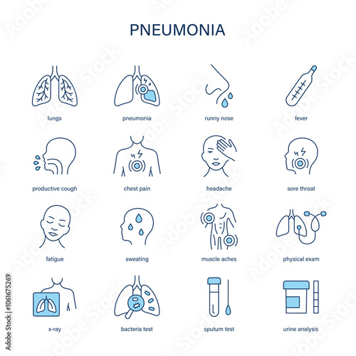 Pneumonia symptoms, diagnostic and treatment vector icon set. Medical icons.