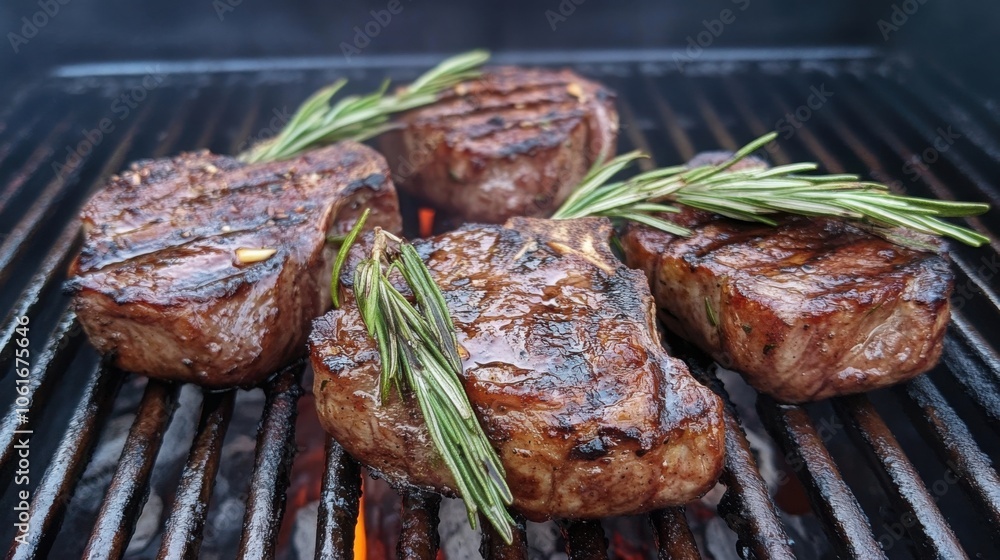 Lamb chops grilled to perfection, served with rosemary and garlic Lamb chops grilled to perfection, served with rosemary and garlic